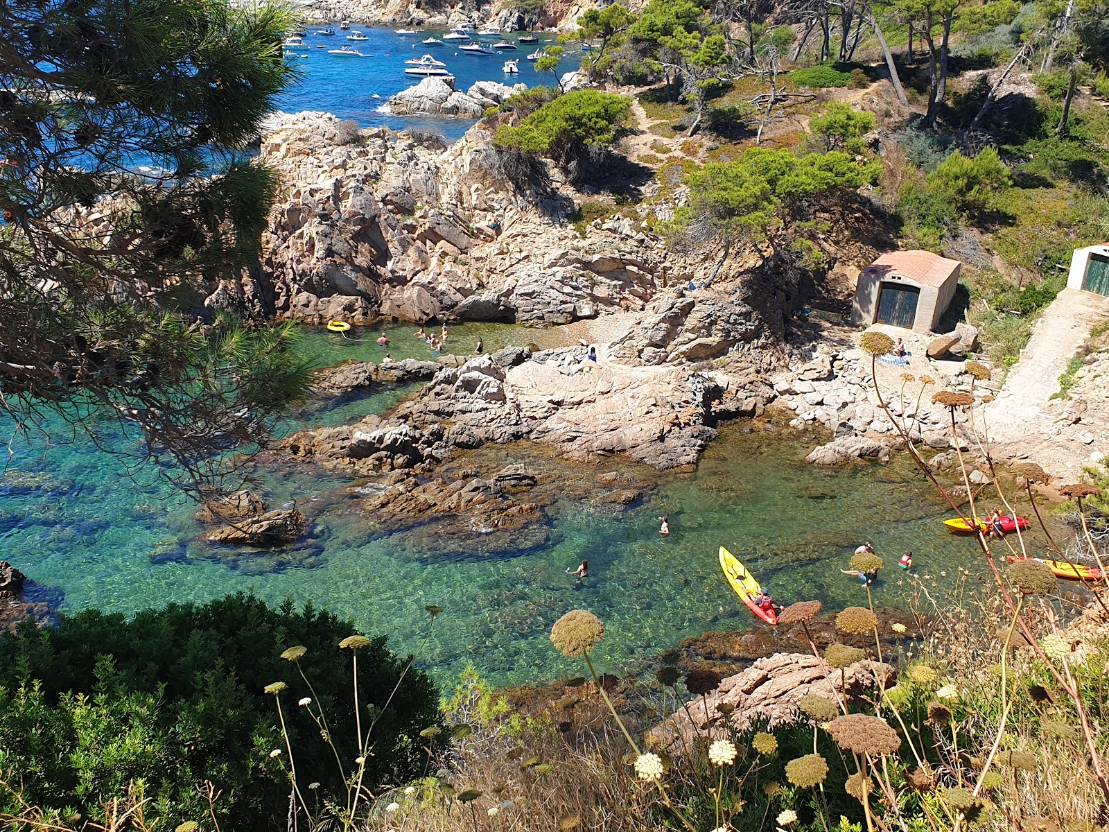 Foto van Cala dels Canyers met beige zand en stenen oppervlakte