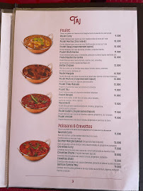Restaurant indien TAJ à Achères (le menu)