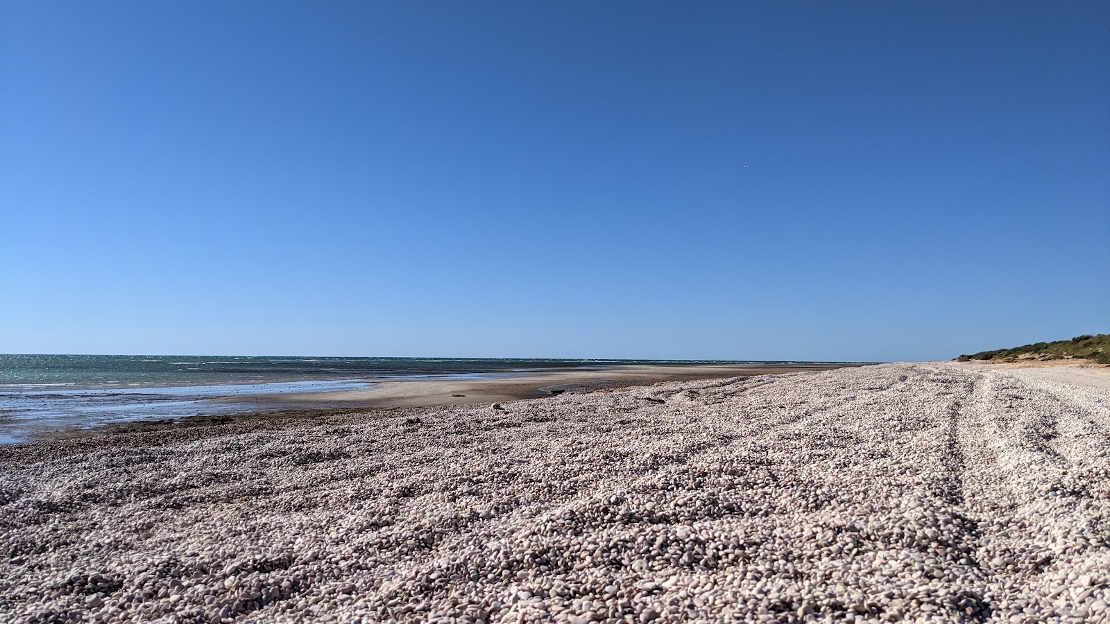 Foto av Pebble Beach med turkos rent vatten yta