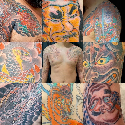 Explore skeleton tattoo ideas, creative tattoo ideas in Dallas, available at Carl Hallowell, Horisho