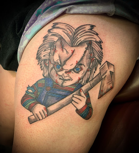 Explore large thigh tattoo ideas, creative tattoo ideas in Greensboro, available at Dogwood Ink