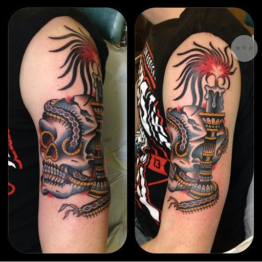 Explore mens tattoo half sleeve ideas, creative tattoo ideas in Temple, available at Lucky In Love Tattoo