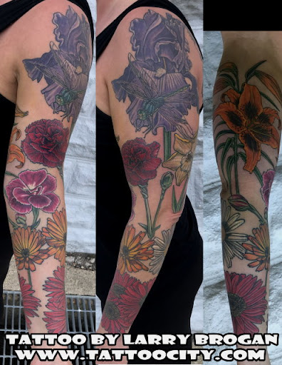 Explore gangster tattoo sleeve ideas, creative tattoo ideas in Lockport, available at Tattoo City by Larry Brogan