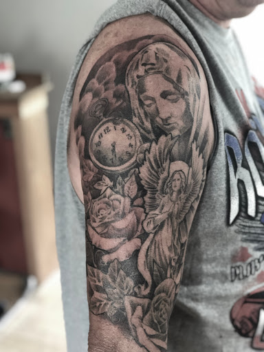 Explore star sleeve tattoo ideas, creative tattoo ideas in Orange, available at North Quabbin Tattoo