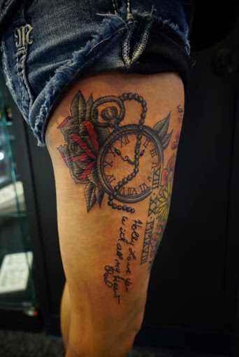 Explore tattoo ideas thigh, creative tattoo ideas in Appleton, available at Silver Tuna Tattoo and Piercing