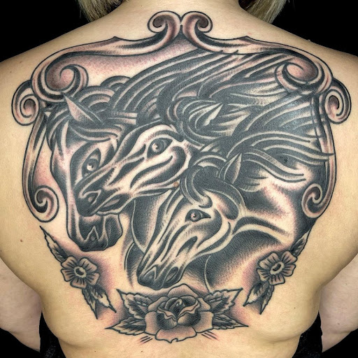 Explore tattoo sleeve skull ideas, creative tattoo ideas in Albany, available at Love Dove Tattoo