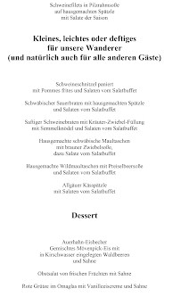 Menu / carte de Restaurant - Café Forsthaus Auerhahn à Baiersbronn