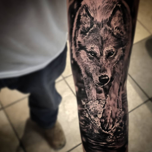 Explore mountain sleeve tattoo ideas, creative tattoo ideas in Odessa, available at Evil Ink Tattoo