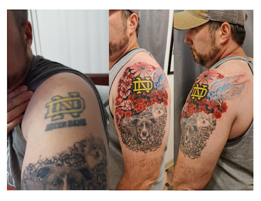 Explore mens family sleeve tattoo ideas, creative tattoo ideas in Hebron, available at Explosive Ink Tattoo