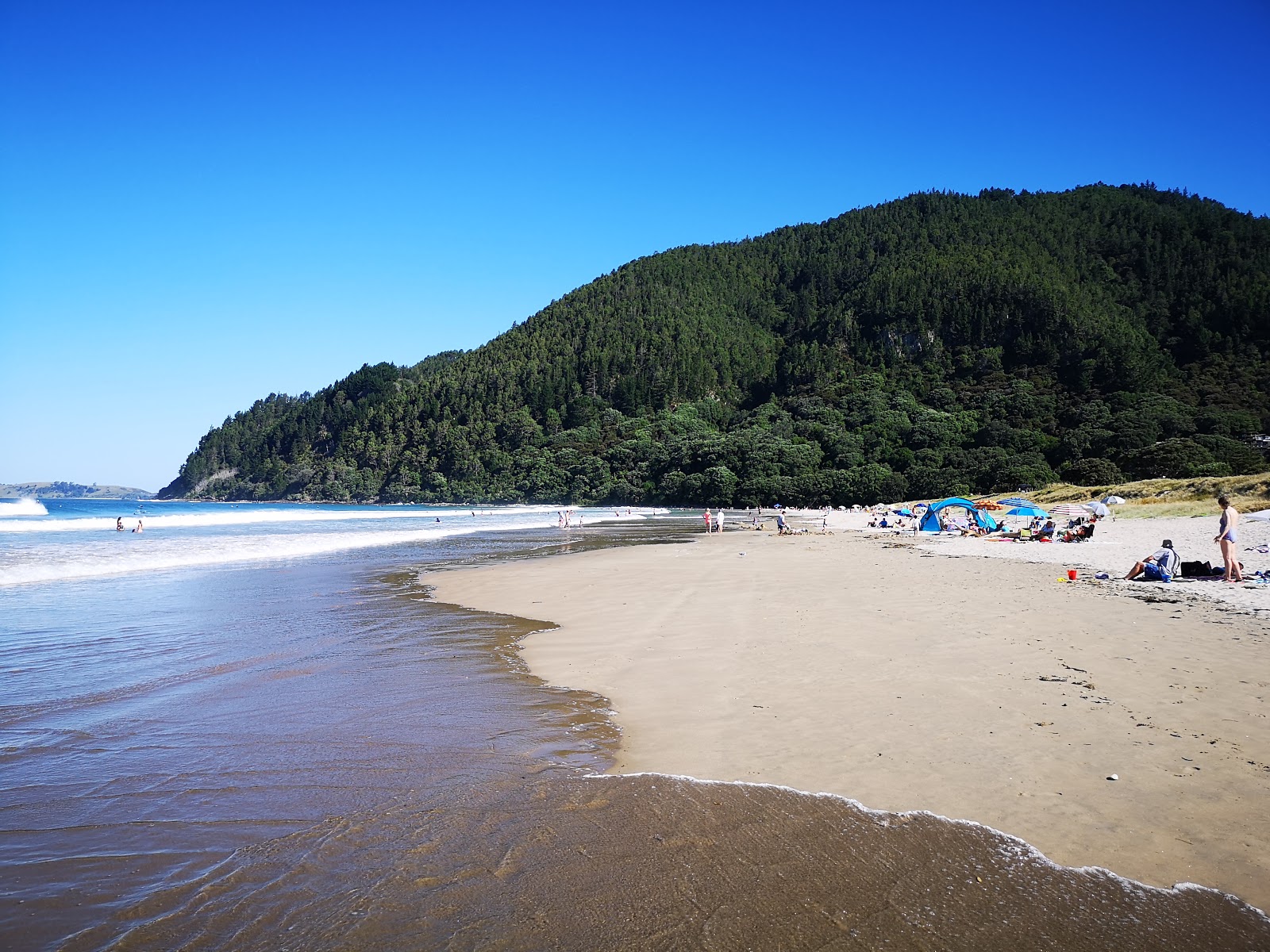 Foto di Pauanui Beach con una superficie del sabbia beige