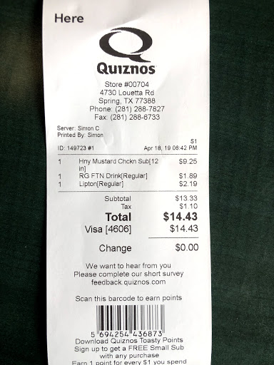 Sandwich Shop «Quiznos», reviews and photos, 4730 Louetta Rd, Spring, TX 77388, USA