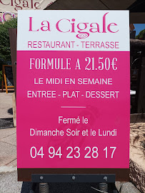 Menu / carte de La Cigale à La Londe-les-Maures