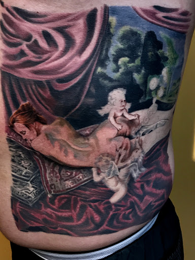 Explore 1/2 sleeve tattoo ideas, creative tattoo ideas in Addison, available at Cat Tattoo