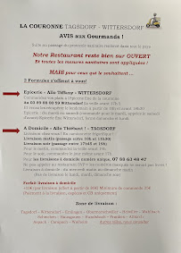 Menu du La Couronne à Tagsdorf Restaurant Gastronomique Epicerie fine et Brasserie à Tagsdorf