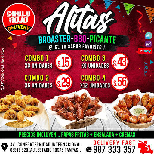 Cholo Rojo - Restobar Huaraz especialidad en Alitas, Chanchito a la  Parrilla, Salchipapa, platos peruanos, tragos y bebidas