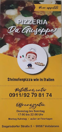Menu / carte de Pizzeria da Giuseppe à Veitsbronn