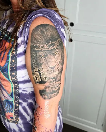 Explore disney tattoo sleeve ideas, creative tattoo ideas in Ozark, available at Olympus Heights