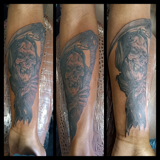 Explore mens inner bicep tattoo ideas, creative tattoo ideas in Hanover, available at Josiah Morgan Tattooer