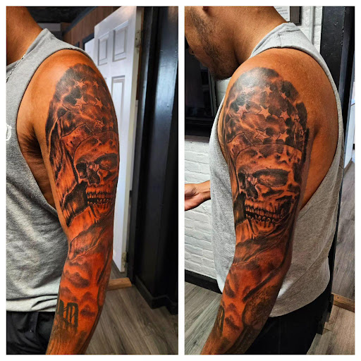 Explore side thigh tattoo ideas, creative tattoo ideas in Cumberland, available at Queen City Ink