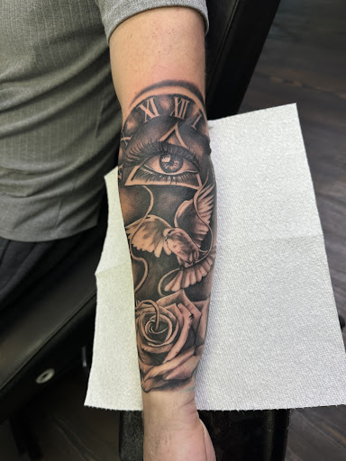 Explore tattoo thigh ideas, creative tattoo ideas in Mckinney, available at Borrowed Time Fine Art Gallery Tattoo Shop