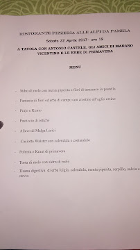Menu du Ristorante Pizzeria alle Alpi da Pamela à Santa Caterina di Conco