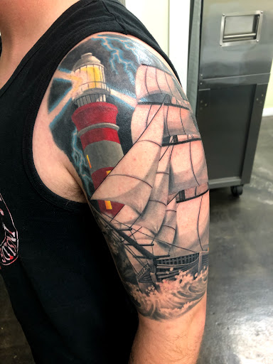 Explore black sleeve tattoo ideas, creative tattoo ideas in Huntington Beach, available at Mechanical Concept Tattoo