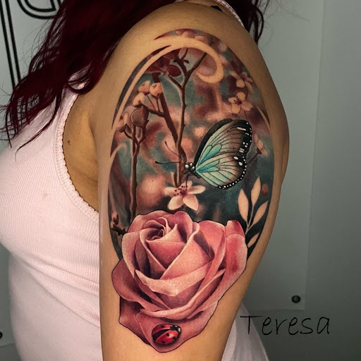 Explore upper sleeve tattoo ideas, creative tattoo ideas in Sanford, available at Venom Ink Tattoo