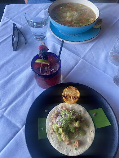 Chicken and Rice  Soup, Berry Margarita and Pollo taco 