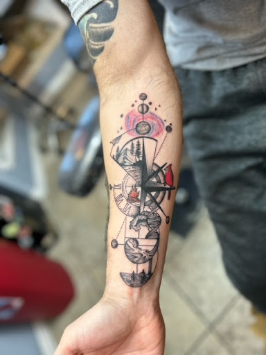 Explore street sign tattoo ideas, creative tattoo ideas in Nashua, available at Mayhem Ink Tattoo