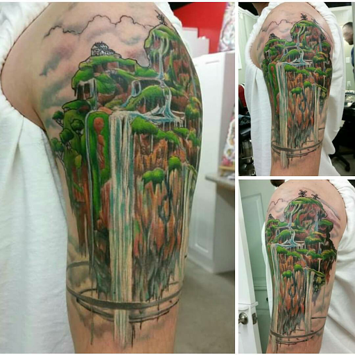 Explore trapezius tattoo ideas, creative tattoo ideas in Easley, available at Amber Island Tattoo