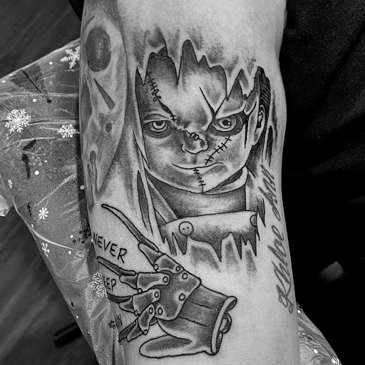 Explore religious sleeve tattoo ideas, creative tattoo ideas in Asheboro, available at Blue Luna Tattoo Company, LLC