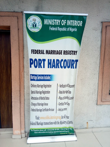 Federal Marriage Registry Port Harcourt Rivers State, 40 Railway Close D/Line Port Harcourt Local Government Area, 500261, Port Harcourt, Nigeria, Local Government Office, state Rivers
