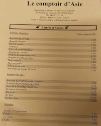 Menu du Le Comptoir d'Asie à Narbonne