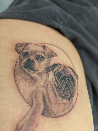 Explore dog outline tattoo ideas, creative tattoo ideas in Los Angeles, available at K Tattoo