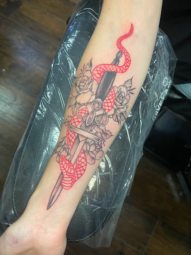 Explore family leg tattoo ideas, creative tattoo ideas in Roanoke, available at Saint Cecilias Art Studio