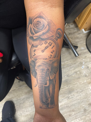 Explore marvel leg tattoo ideas, creative tattoo ideas in Edgewood, available at Pinz & Needlez Tattoo