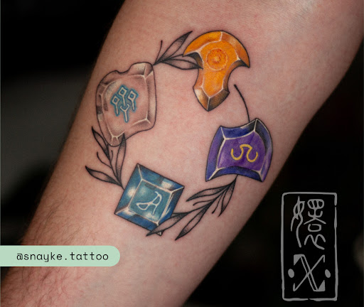 Explore sleeve tattoo background ideas, creative tattoo ideas in Brooklyn, available at Cake Is a Lie Tattoo Parlor