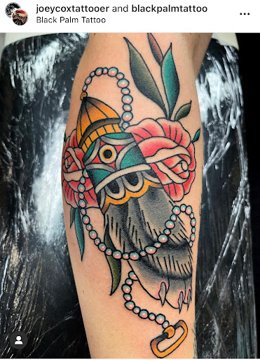 Explore three little birds tattoo ideas, creative tattoo ideas in Orange, available at Black Palm Tattoo