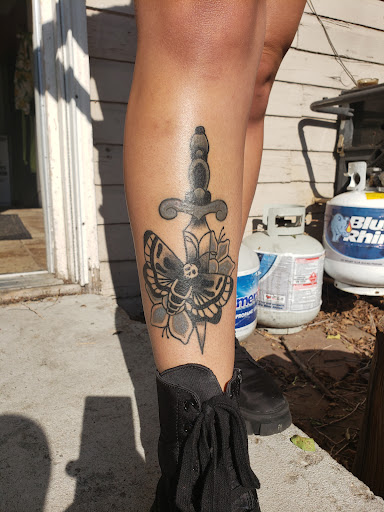 Explore male thigh tattoo ideas, creative tattoo ideas in Longmont, available at Sharkys Paradise