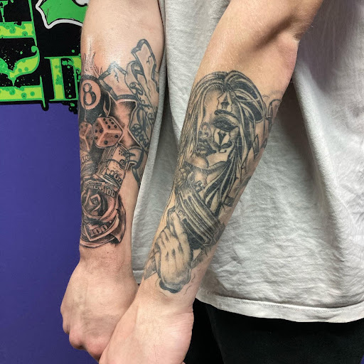 Explore dead dog tattoo ideas, creative tattoo ideas in Williamsburg, available at Relentless Ink