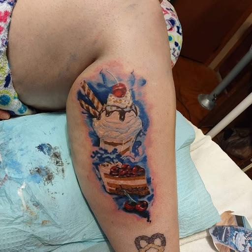 Explore tattoo leg ideas, creative tattoo ideas in Marion, available at Kreaturs kave Tattoo studio