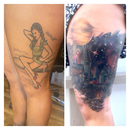 Explore cross cover up tattoo ideas, creative tattoo ideas in Madison, available at Elevation Ink Tattoo Studio