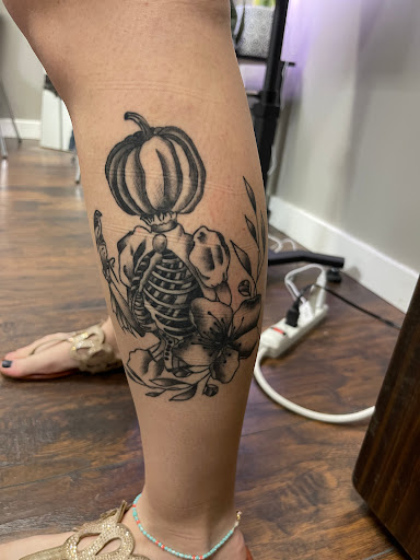 Explore elephant thigh tattoo ideas, creative tattoo ideas in Huxley, available at Lonely Bones Tattoo & Art