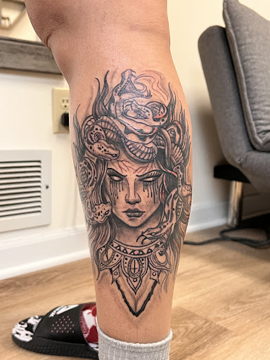 Explore full leg tattoo ideas, creative tattoo ideas in Columbia, available at Newinked Studio