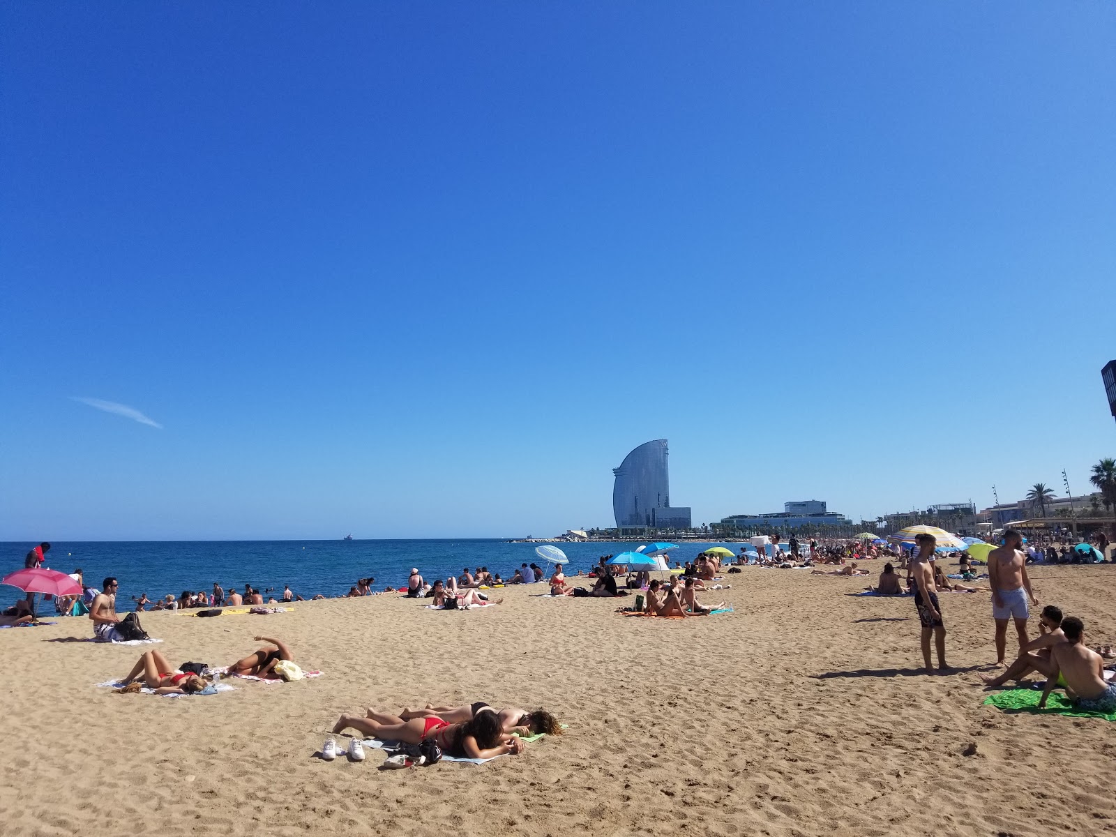 Foto af Playa Barceloneta med grønt vand overflade