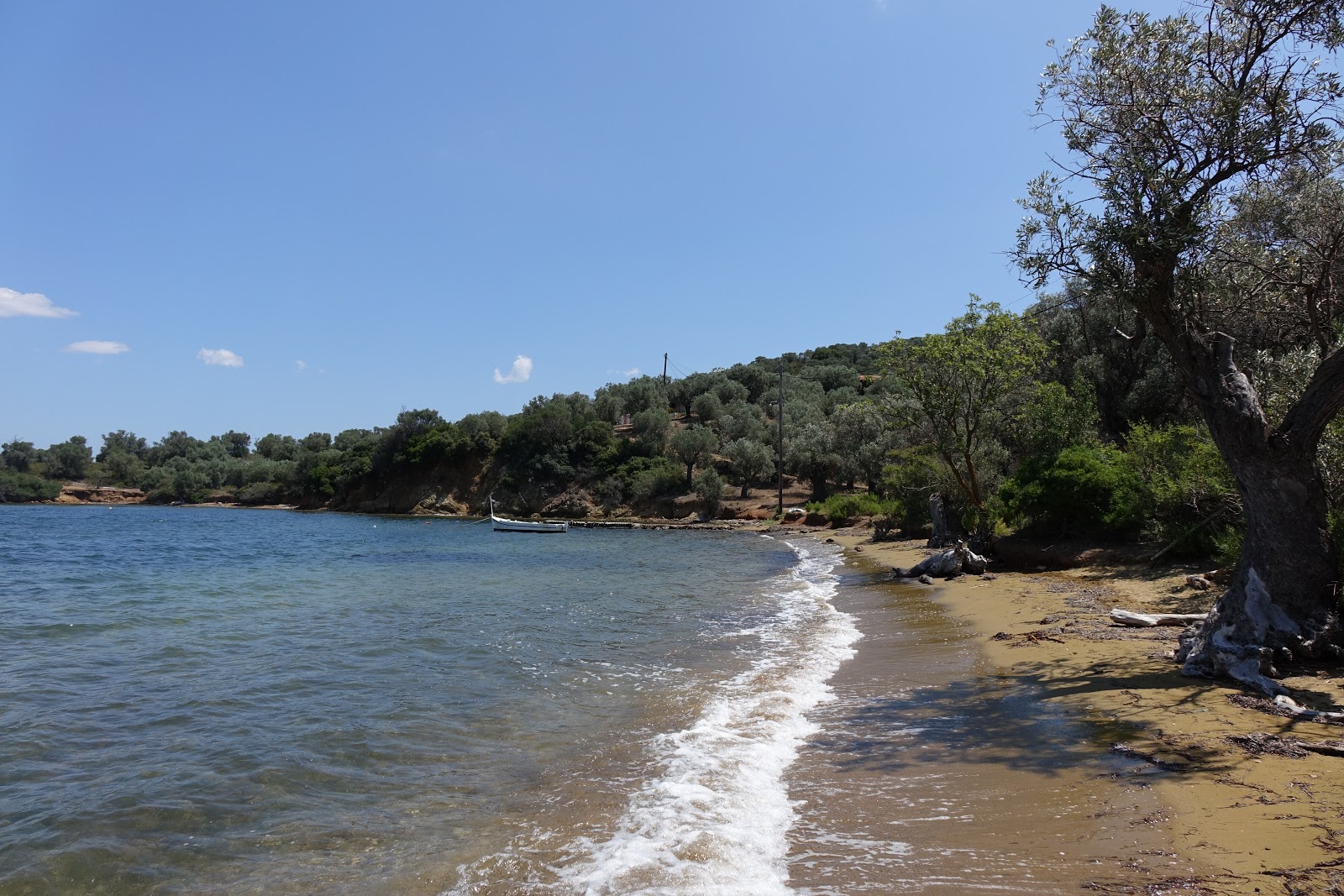 Valokuva Agios Georgios Trikeriista. pinnalla musta hiekka ja kivi:n kanssa