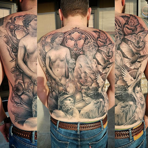 Explore full arm tattoo ideas, creative tattoo ideas in Pendleton, available at Just Another Hole in the Wall Tattoo