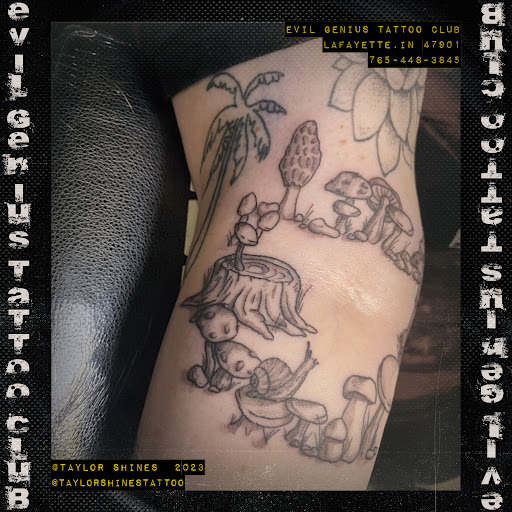 Explore tattoo ideas for elbow, creative tattoo ideas in Lafayette, available at Evil Genius Tattoo Club