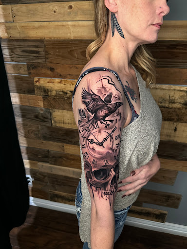 Explore women's arm tattoos ideas, creative tattoo ideas in Benson, available at Dark Matter Tattoo Studio