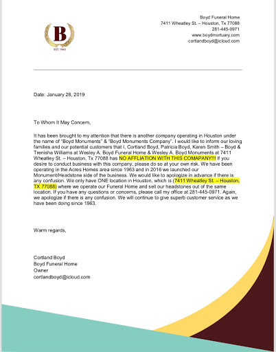 Funeral Home «Boyd Funeral Home», reviews and photos, 7411 Wheatley St, Houston, TX 77088, USA